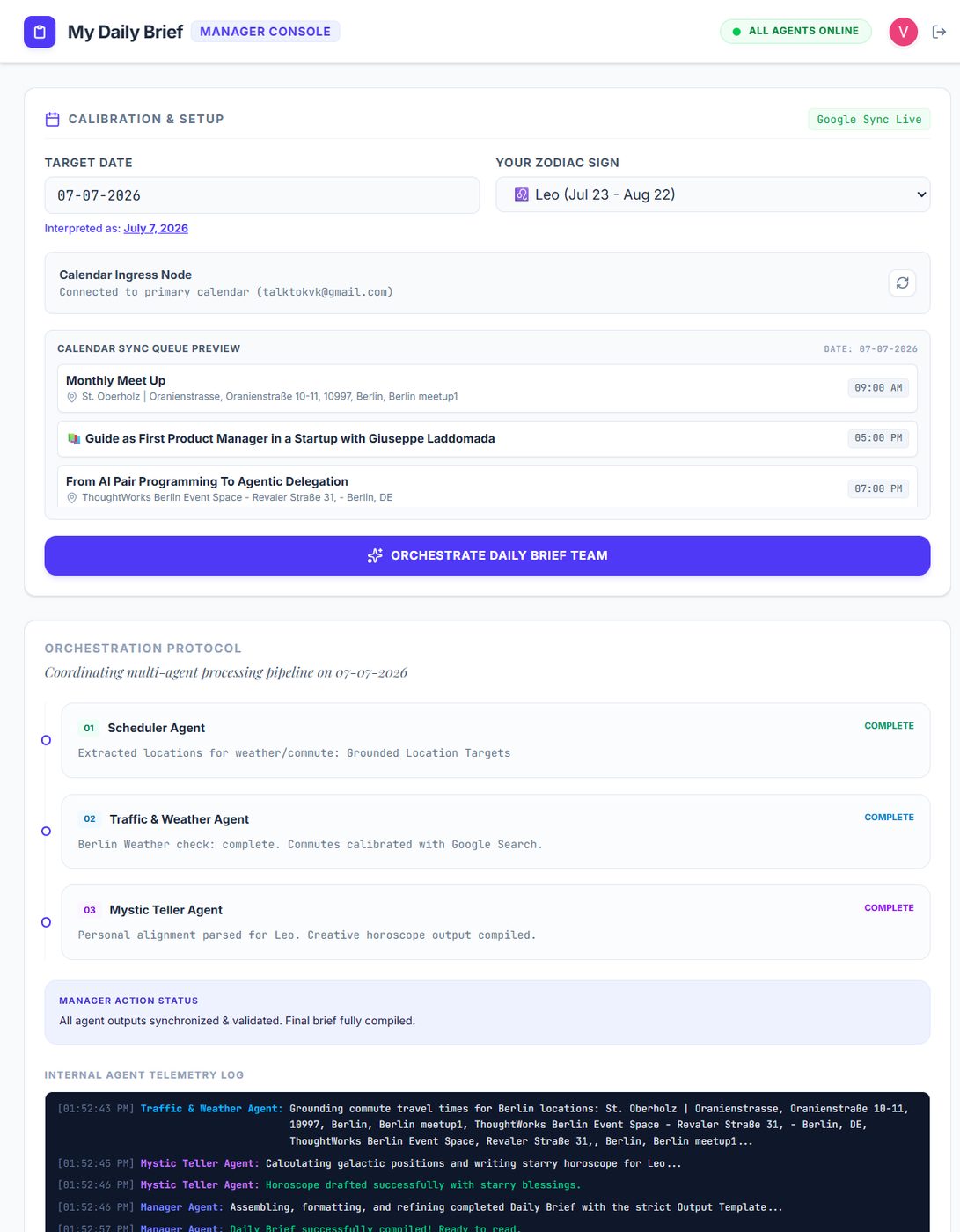 My Daily Brief manager console screenshot