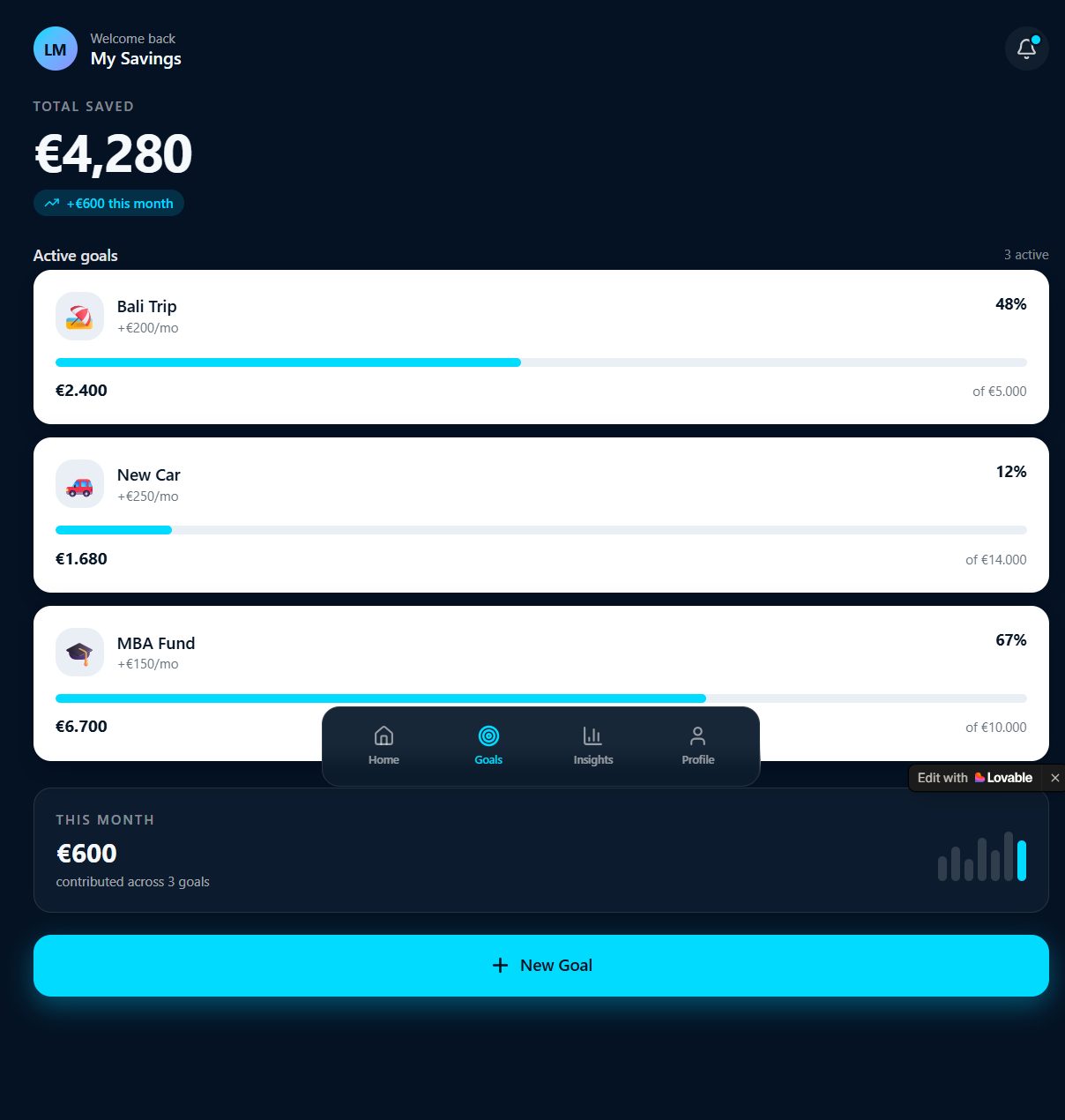 Vault savings dashboard screenshot
